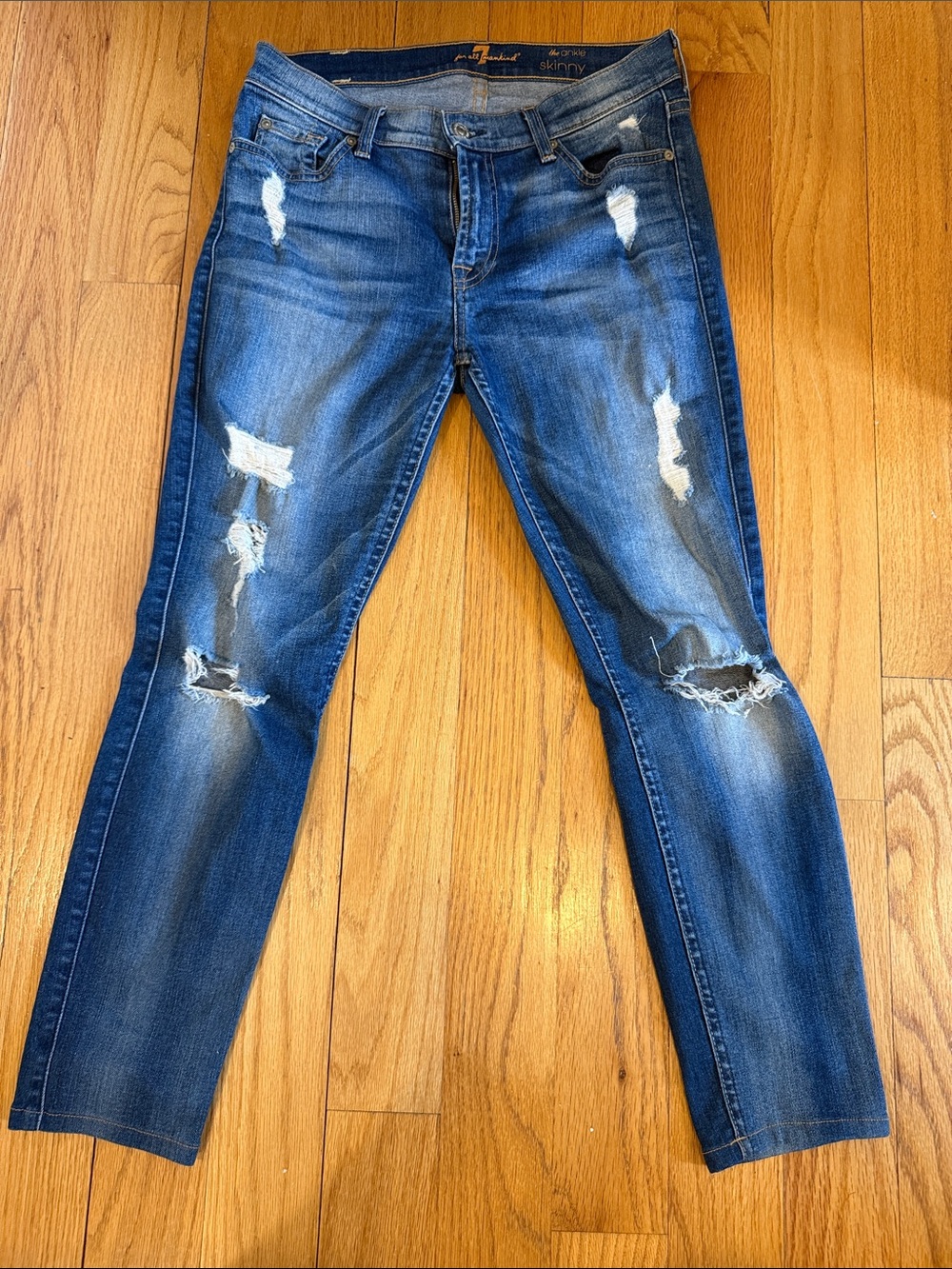 7 For All Mankind Distressed Skinny Jeans - Blue